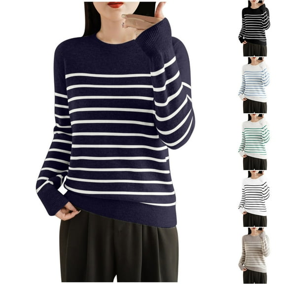 Sentmoon Pull over Sweaters Womens Crew Neck Long Sleeve Striped Women Knitted Warm Loose Womens Tops Casual Delightful Fall and Winter for Business Casual Khaki M