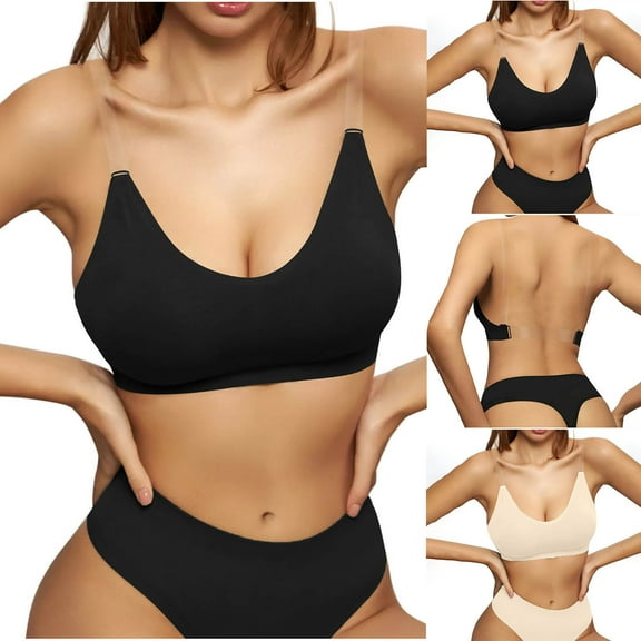 Sentmoon Push Up Bras for Women Oversize Bras for Women No Underwires Lift Clear Bra Straps Fixed Cup Solid Color Workout Bra Trendy for Shopping Black L