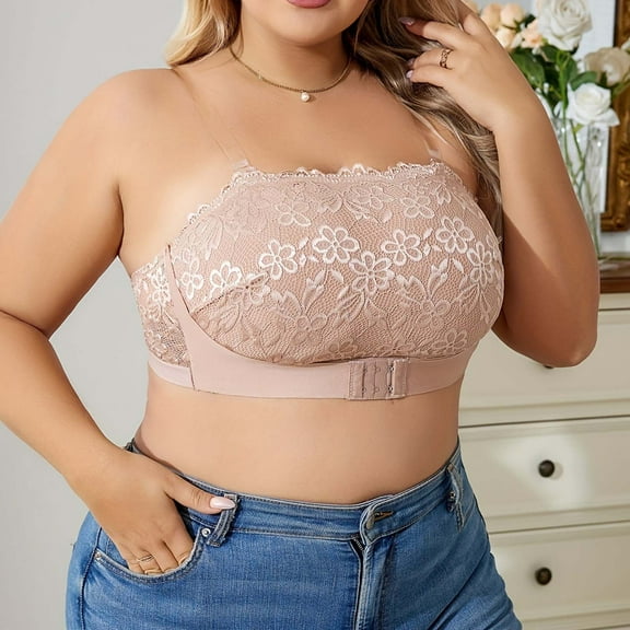 Sentmoon Push Up Bras for Women Plus Size Bras for Women No Underwires Mesh Lace Lift Clear Bra Straps Breathable Solid Color Everyday Bras Soft and Comfortable for Running Khaki XXL
