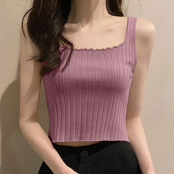 Sentmoon Ribbed Tank Tops for Women 2025 Summer Square Neck Slim Fit Camisole Textured Knit Spaghetti Strap High Elastic Solid Color Sleeveless T Shirts Stylish for City Sightseeing Purple Free Size