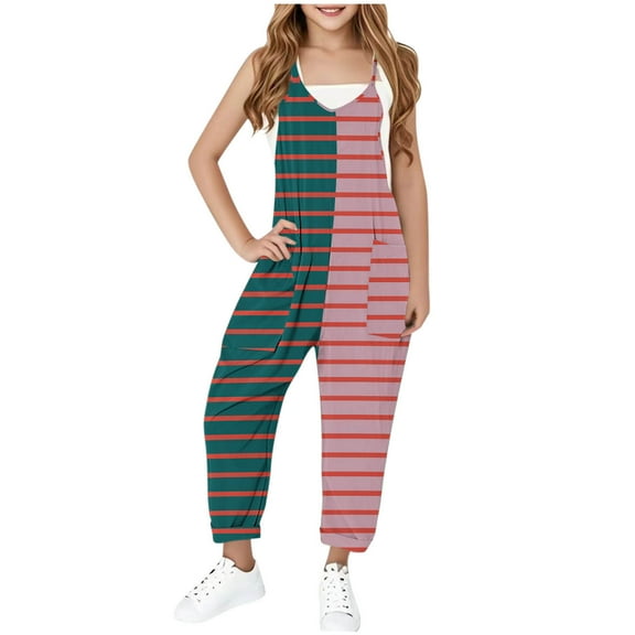 Sentmoon Rompers for Girls 2025 Spaghetti Strap Sleeveless Regular Jumpsuits V Neck Stripe Print Summer Overalls with Pockets Stylish Kids for Tropical Vacation Army Green 5 Years