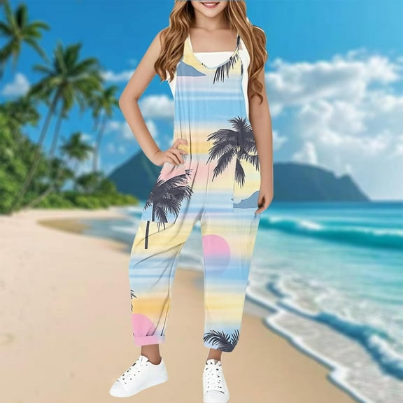 Sentmoon Rompers for Girls 2025 Thin Strap Sleeveless Loose Jumpsuits V Neck Hawaiian Tropical Print Summer Outfits with Pockets Comfy Girls for Weekend Brunch Light Blue 7 Years