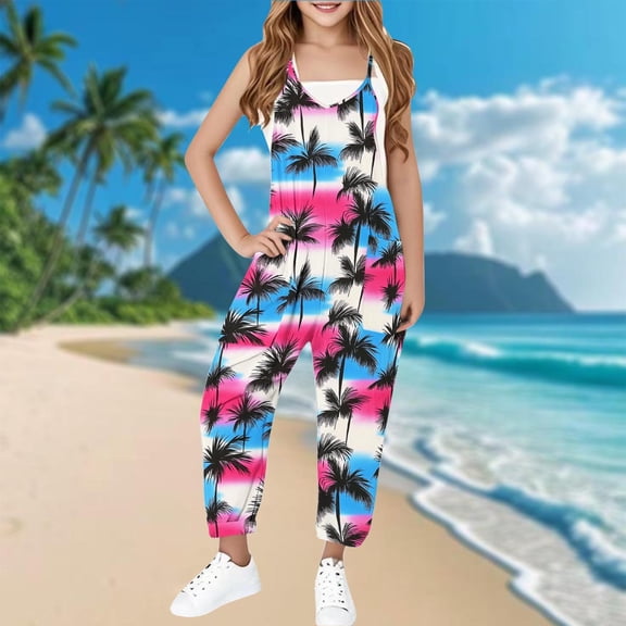 Sentmoon Rompers for Girls Spaghetti Strap Sleeveless Regular Jumpsuits V Neck Hawaiian Palm Tree Print Summer Outfits with Pockets Trendy Children for Lounge at Home Blue 7 Years