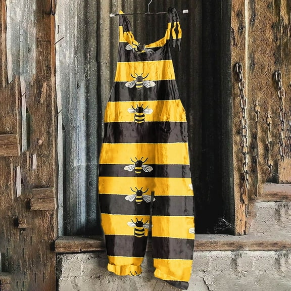 Sentmoon Rompers for Women 2025 Bee Print Loose Wide Leg Overalls Pockets Adjustable Spaghetti Strap Crew Neck Sleeveless Jumpsuits Summer Bee Festival Ladies for City Sightseeing Yellow L