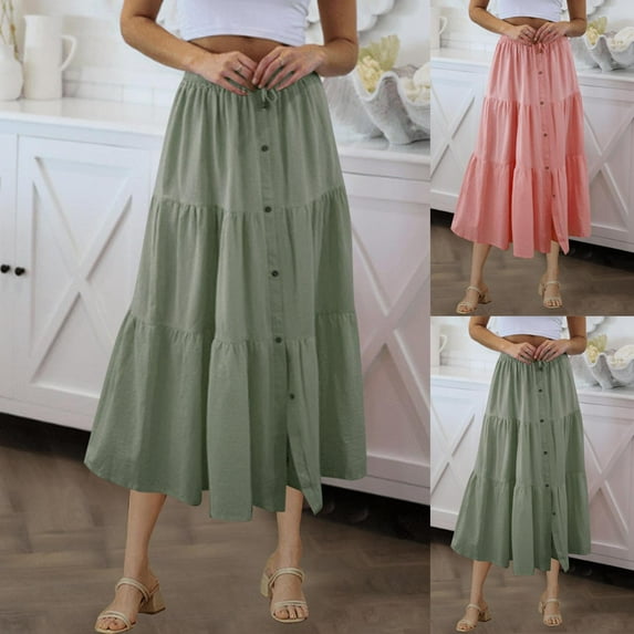 Sentmoon Ruffle Skirt Oversized Elastic High Waist Boho Flowy Skirt Pleated Beach Solid Color Loose Stretchy Womens Skirts Fall Delightful Winter for Bookstore Visit Mint Green S