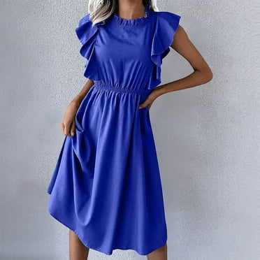 Sentmoon Ruffle Womens Dresses Crew Neck Fall Dresses for Women 2024 Peplum Fashion Solid Color Short Dresses,Loose Flowy Stylish A-line Dresses Blue S Up to 50% off
