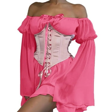 Sentmoon Ruffle Womens Dresses Flared Sleeves Holiday Dresses for Women Vintage Peplum Chiffon Short Dresses,OverSized Comfy A-line Dresses Pink M Up to 50% off