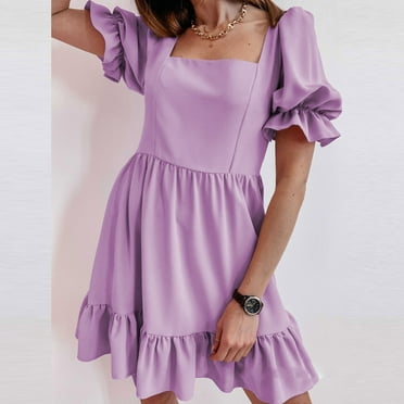 Sentmoon Ruffle Womens Dresses Short Sleeve Square Neck Holiday Dresses for Women Vintage Peplum Solid Color Short Dresses,Fit & Flare Workout Womens Fashion Purple M Up to 40% off