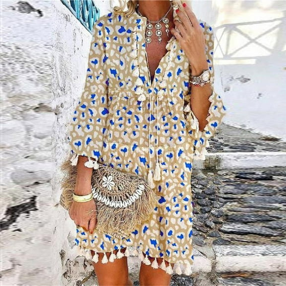 Sentmoon Ruffle Womens Dresses V Neck Dresses for Women 2024 Peplum Fashion Tassel Print Short Dresses,Plus Size Trendy Women Clothing Khaki XXL