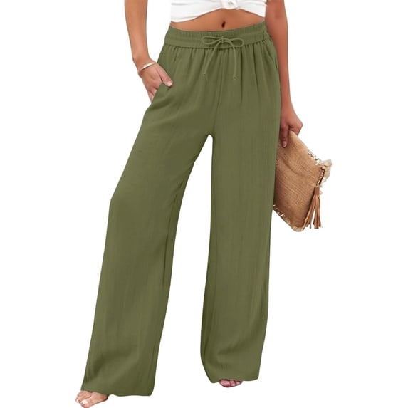 Sentmoon Running Pants Women Solid Color Drawstring High Waist Womens Trouser Pants Plus Size Loose Fit Linen Wide Leg Trendy Summer Lounge Pants Hawaiian for Work and Office Green M
