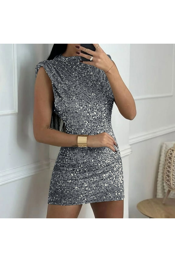 Sequin Mini Dress 2026 Glitter Long Dress Sleeveless Party Oversized Wedding Guest Dresses Beach Stuff for Beach Vacation Gray M