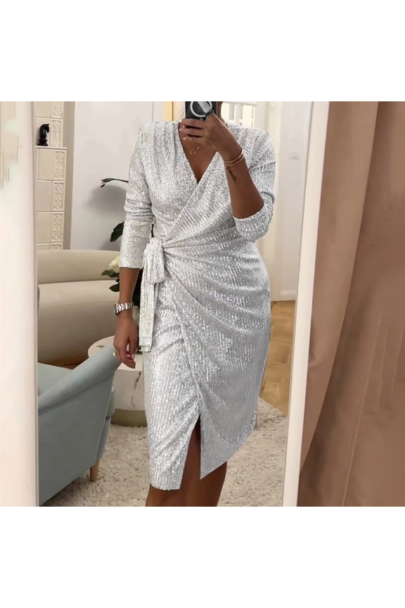 Sequins Womens Dresses Long Sleeve V Neck Dresses for Women Bodycon Knotted Solid Color Short Dresses,Fit & Flare Workout A-line Dresses White XL