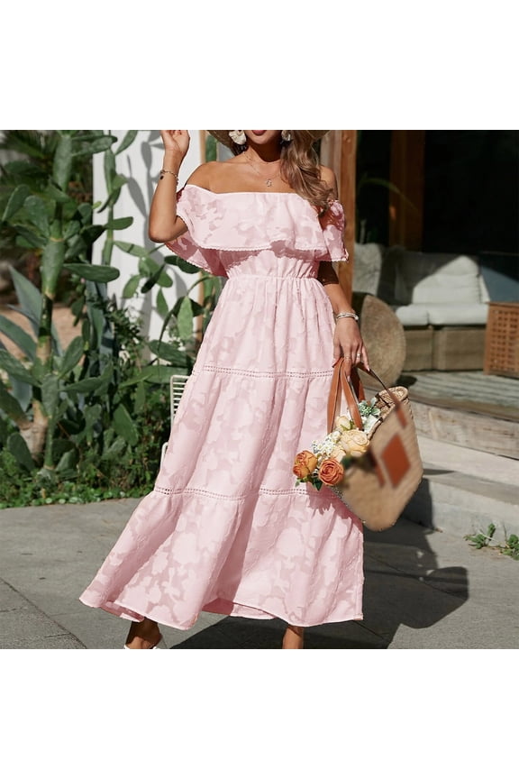 Sexy Cutout Dress Short Sleeve Off Shoulder Dresses for Women Pleated Cold Shoulder Solid Color Midi Dresses,Fit & Flare Stylish Women Clothing Pink M
