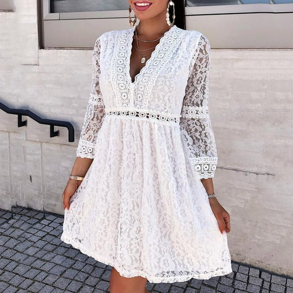 Sentmoon Casual Womens Dresses 3/4 Sleeve V Neck Holiday Dresses for Women Casual Fashion Lace Solid Color Short Dresses,Plus Size Comfy Womens Fashion White L