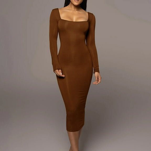 Sentmoon Sexy Womens Dresses Long Sleeve Square Neck Fall Dresses for Women 2024 Slim Fashion Short Dresses,Loose Flowy Trendy Womens Fashion Brown L