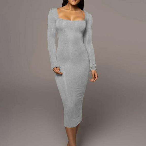 Sentmoon Casual Womens Dresses Long Sleeve Square Neck Holiday Dresses for Women Slim Fashion Short Dresses,OverSized Fashion Women Clothing Gray M Fall Saving