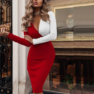 Sentmoon Sexy Womens Dresses Long Sleeve V Neck Dresses for Women 2024 Patchwork Bodycon Short Dresses,OverSized Fashion A-line Dresses Red M Up to 40% Off