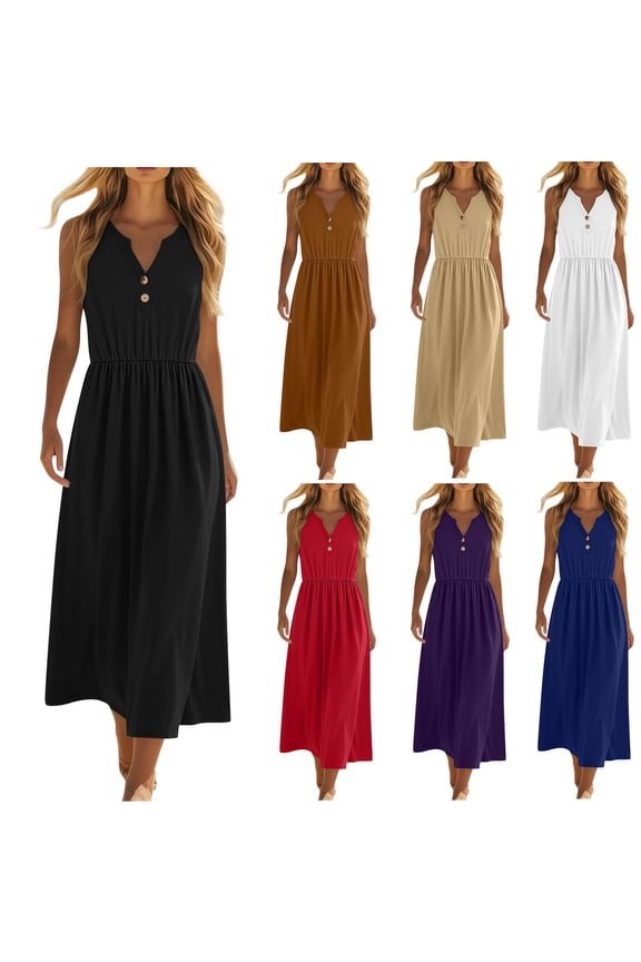 Shirt Dresses Breathable Regular Fit Women's Formal Dresses 2026 Summer Solid Color Sleeveless V Neck Button Down Pleated Evening Gown Basic for Club and Bar S-XXL