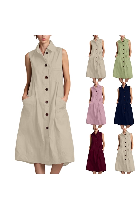 Shirt Dresses for Women Fitted Dress Solid Color Sleeveless V Neck Button Down Regular Fit 2026 Summer Women's Dress for Work and Office