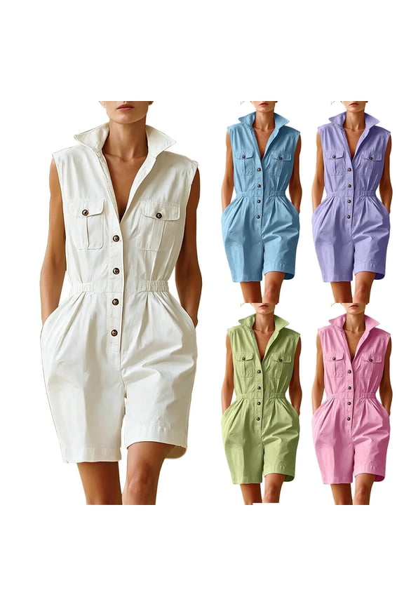 Short Jumpsuits for Women Sleeveless Collar Women's Jumpsuits, Rompers & Overalls Solid Color Regular Fit Vacation Outfits for Women Summer for Travel and Holiday S-3XL