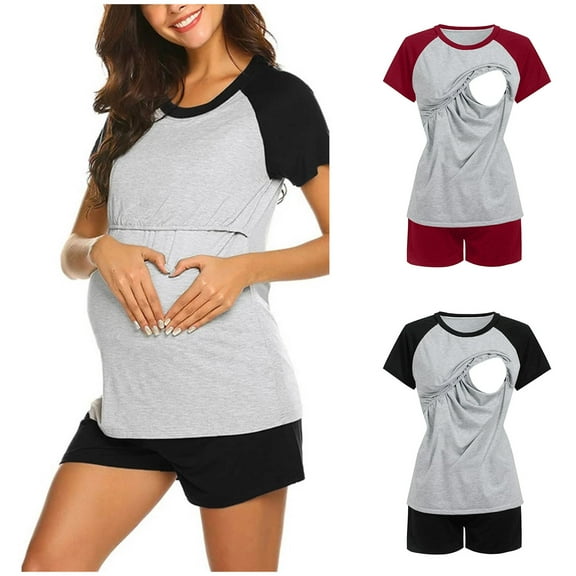 Sentmoon Short Sets Maternity Summer Clothes and Workout Shorts Plus Size V Neck Breathable Nursing Shirt Solid Color Short Sleeve Pregnancy Clothes Fashion for Casual Wear Wine M