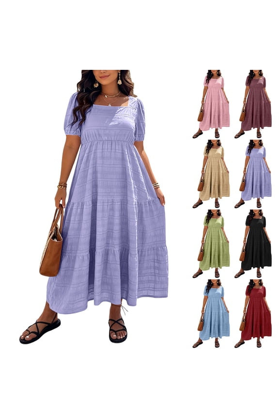 Short Sleeve Dress Spring Maxi Dresses for Women Solid Color Square Neck Loose Fit Plus Size 2026 Summer Cocktail Dresses for Work and Office