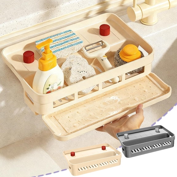 Sentmoon Sink Sponge Storage Rack Pull-Out Draining Tray Adjustable Brush Holder Over-Sink Organizer Space-Saving Kitchen Countertop Sponge Soap Drying Rack with Drip Tray
