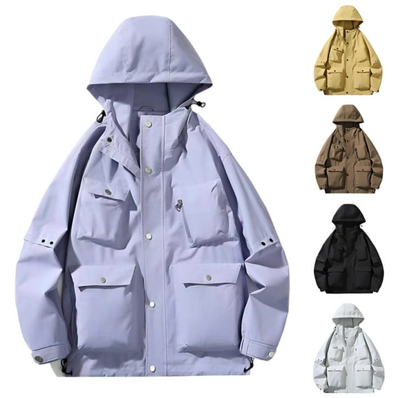 Sentmoon Ski Jacket Men Solid Color Long Sleeve Hooded Neck Windbreaker Men Plus Size Zipper Waterproof Men Fall Clothes Winter Trendy for Climbing and Hiking Yellow M