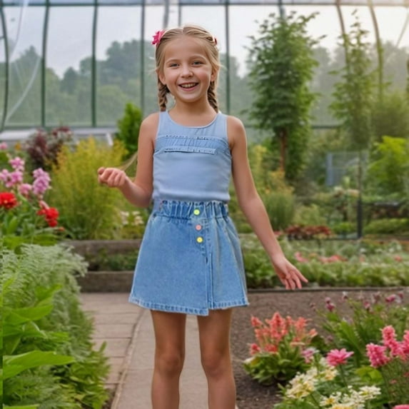 Sentmoon Skirts for Girls Elastic High Waist Color Buckle Denim Skirts Straight Wide Leg Summer Stylish Solid Color Jean Skirts for Children Relaxing at Home Blue 14 Years