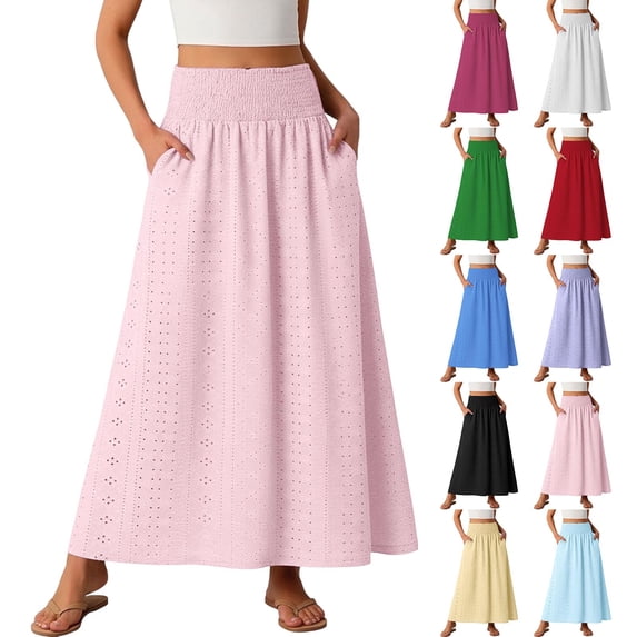 Sentmoon Skirts for Women Midi Length High Waisted Solid Color Summer Long Skirt Eyelet Skirts Beach Essentials Casual for Spring, Summer, and Holiday Travel S