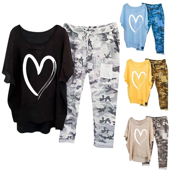 Sentmoon Sleep Wear Set for Women Linen Short Sleeve Crew Neck Tops and Pajama Pants for Women with Print Comfy Regular Fit Oversized Woman Pajama Set S-5XL