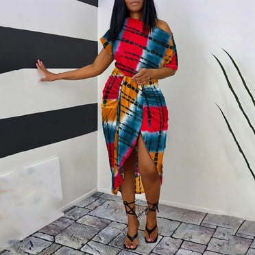 Sentmoon Slit Cutout Dress Off Shoulder Holiday Dresses for Women Cold Shoulder Fitted Waist Print Short Dresses,OverSized Stylish Women Clothing Multicolor S Fall Saving