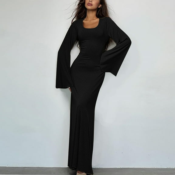 Sentmoon Slit Evening Gowns for Women Formal Long Sleeve V Neck Holiday Dresses for Women Pleated High Waist Solid Color Short Dresses,Loose Flowy Comfy Women Clothing Black L