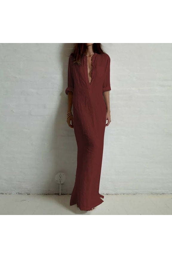 Slit Tshirt Dress Women Long Sleeve Fall Dresses for Women 2024 Casual Fashion Solid Color Maxi Dresses,OverSized Stylish A-line Dresses Wine S