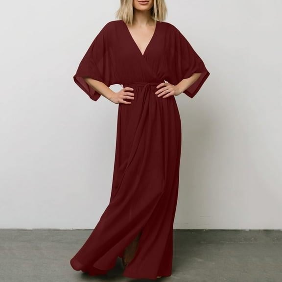 Sentmoon Slit Womens Dresses Elbow-length V Neck Dresses for Women 2024 Casual Boho Solid Color Midi Dresses,OverSized Workout Women Clothing Wine S Fall Saving