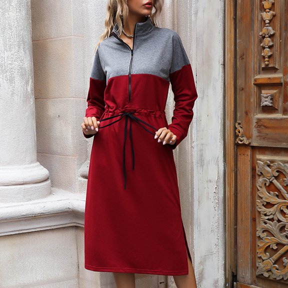 Sentmoon Slit Womens Dresses Long Sleeve Holiday Dresses for Women Patchwork Drawstring Drawstring Midi Dresses,OverSized Fashion Women Clothing Wine XL