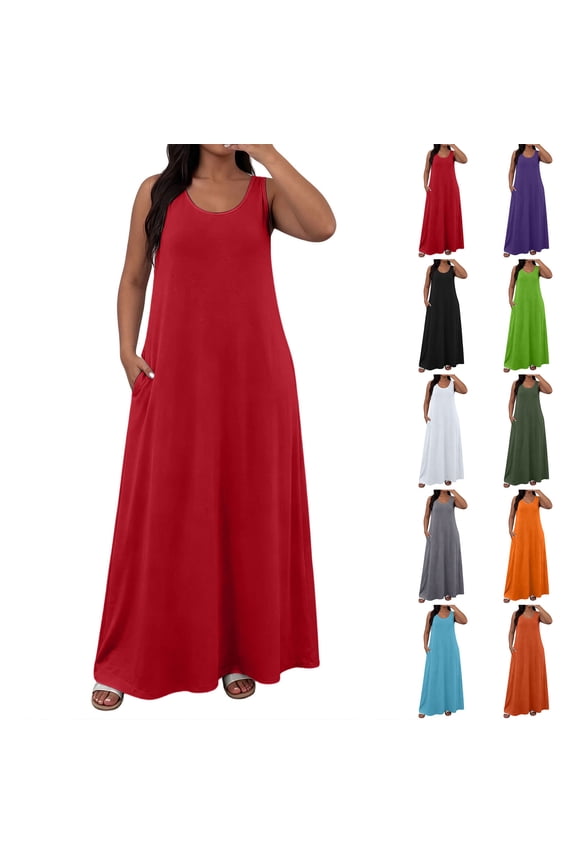 Spaghetti Strap Dress Beach Dress Loose Fit Plus Size 2026 Summer Solid Color Crew Neck Day Dress for Night Out and Club XL-5XL