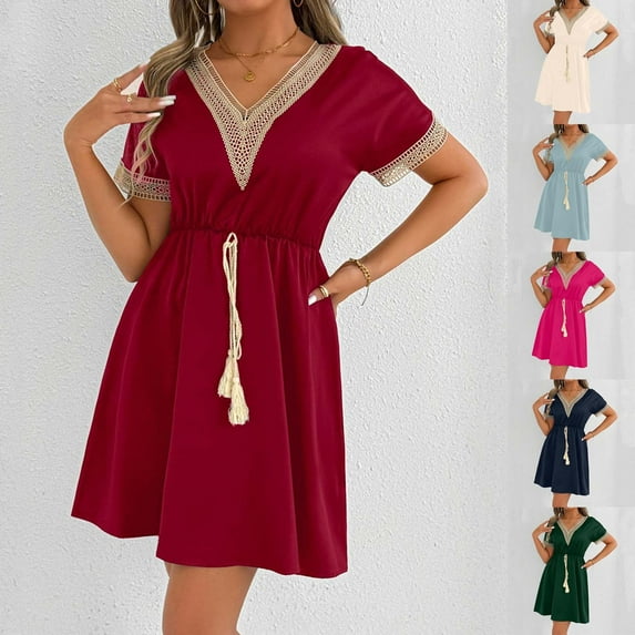 Sentmoon Spring Dress Short Sleeve Lace Sundresses for Women Solid Color Loose V Neck Plus Size Formal Dresses for Women Summer Trendy for Lounge at Home Beige XXL
