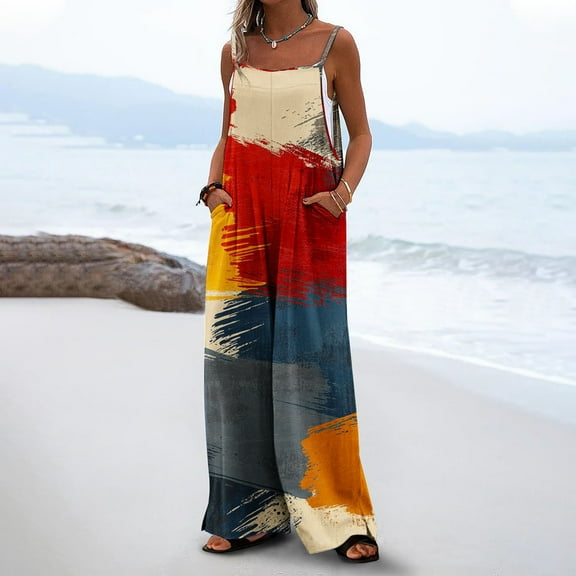 Sentmoon Spring Jumpsuits for Women Graphic Print Loose Wide Leg Boho Overalls Side Pockets Thin Strap Square Neck Sleeveless Oversized Outfits Summer Casual Teen Girls for Weekend Brunch Red XL