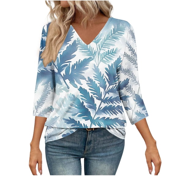 Sentmoon Spring Tops for Women 3/4 Sleeve V Neck Summer Blouses for Women 2025 Palm Leaves Print Loose Vacation Outfits for Women Trendy for Weekend Brunch Multicolor XXXL