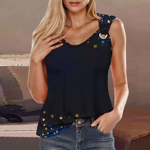 Sentmoon Spring Tops for Women Sleeveless V Neck 2025 Summer Tank Top for Women O Ring Loose Star Print T Shirts Comfy Ladies for City Sightseeing Multicolor M