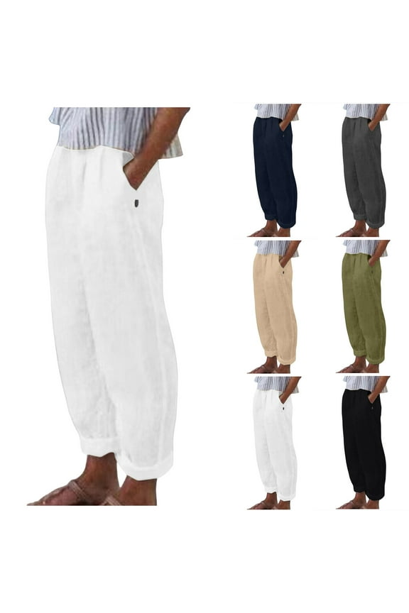 Stretch Active Pants for Women Solid Color High Waist Pants Women Oversized Relaxed Fit Linen Wide Leg Summer Spring Pants with Pocket for Everyday Casual Wear