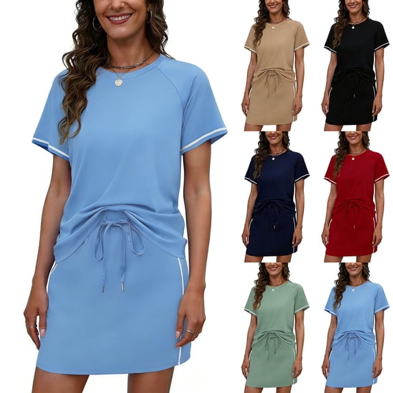 Sentmoon Summer 2 Piece Sets for Women Womens Sun Dress Crew Neck Plus Size Dresses for Curvy Women Short Sleeve Regular Fit Drawstring Beach Essentials Bridal Shower Dresses for Guest
