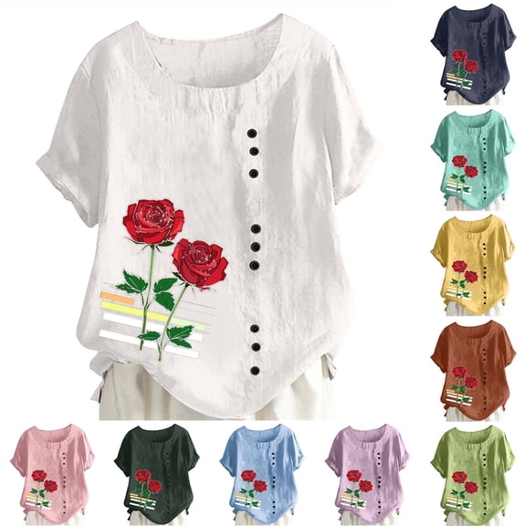 Sentmoon Summer Clothes for Women Spring Tops for Women Spring Summer Crew Neck T Shirt Printed Button Casual Short Sleeve Stylish for Work Shopping or Outdoor Activities Clothes Top