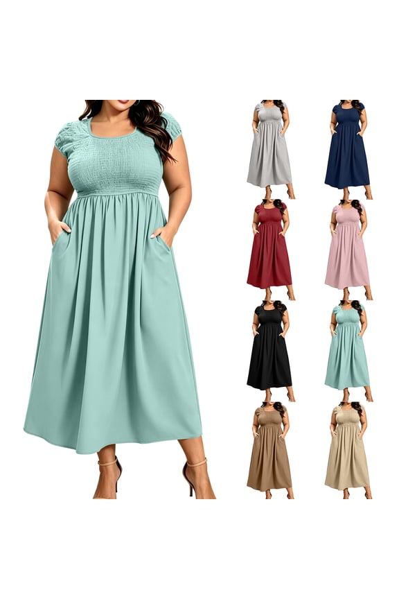 Summer Dress with Short Sleeves Summer Maxi Dresses for Women with Pockets Loose Fit Plus Size 2026 Solid Color Square Neck Flowy Dress Short L-6XL
