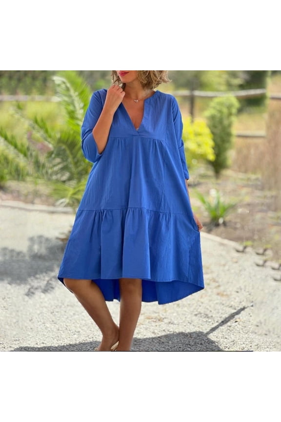 Summer Dress V Neck Short Sleeve Linen Dress Solid Color Loose Fit Plus Size Womens Sundress Comfy Beach Supplies for Summer and Vacation Orange XXL