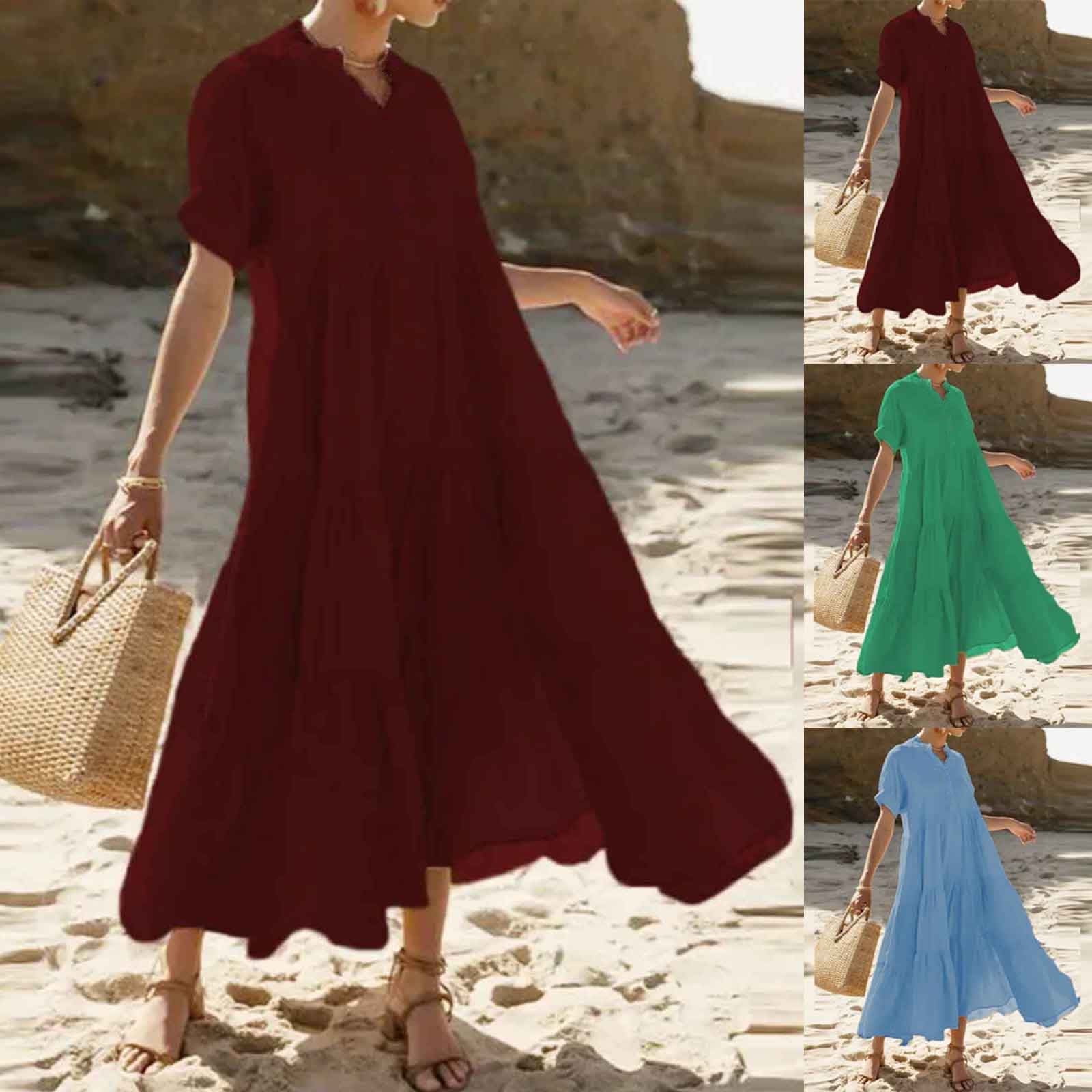 Sentmoon Summer Dresses Fashion 2026 Solid Color Dresses Short Sleeve V Neck Button Down Wedding Pleated Breathable Regular Fit A Line Dresses for Women for Indoor and Outdoor