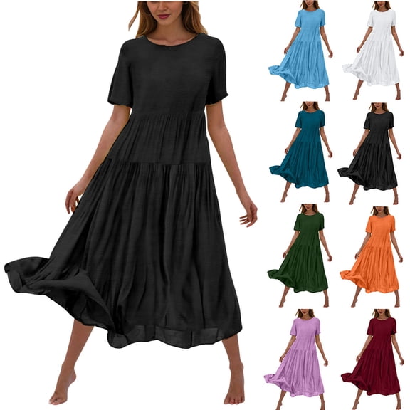 Sentmoon Summer Dresses Short Sleeve Crew Neck Plus Size Boho Dress 2026 Solid Color Regular Fit Breathable Trendy Work Dresses for Women for Going Out and Party Black XXL