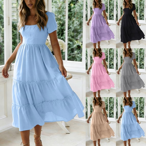 Sentmoon Summer Dresses for Women 2026 Cute Spring Dresses Solid Color Short Sleeve Square Neck Breathable Regular Fit Fashion Modest Dresses for Women S-2XL