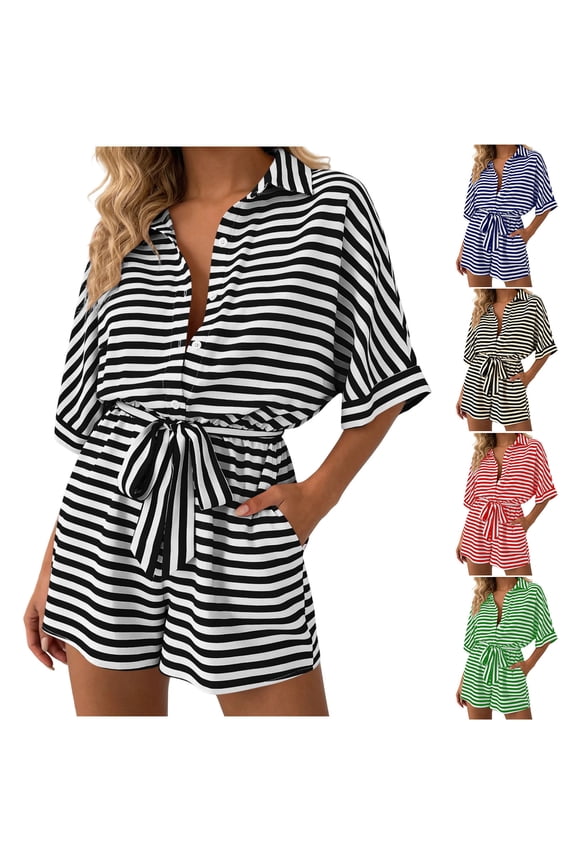 Summer Jumpers for Women Short Sleeve Lapel Spring Romper Striped Print Button Down Regular Fit Women Overalls for Daily and Commute S-2XL
